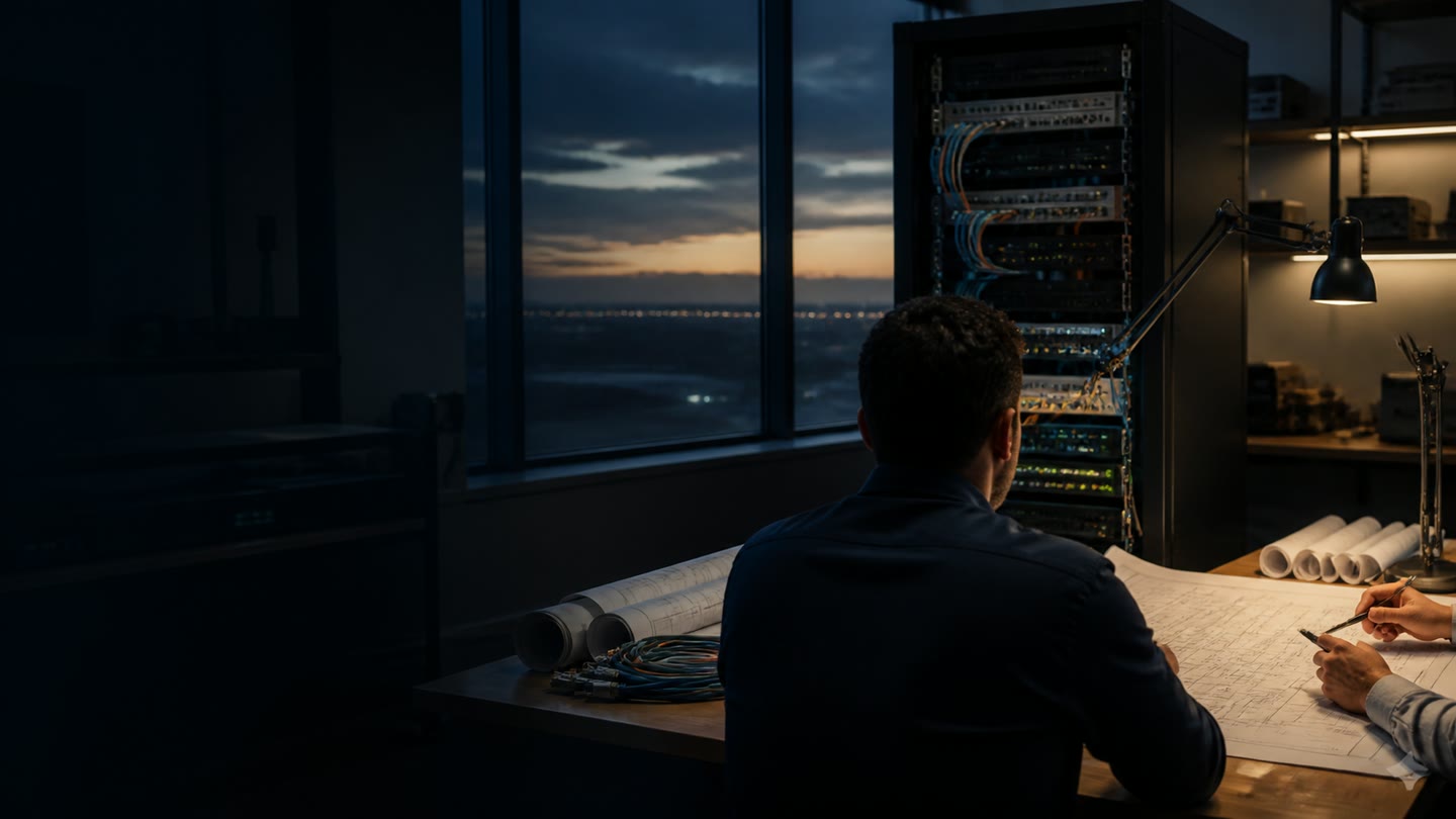 Illustrative rear-view engineer reviewing systems drawings beside a technical rack