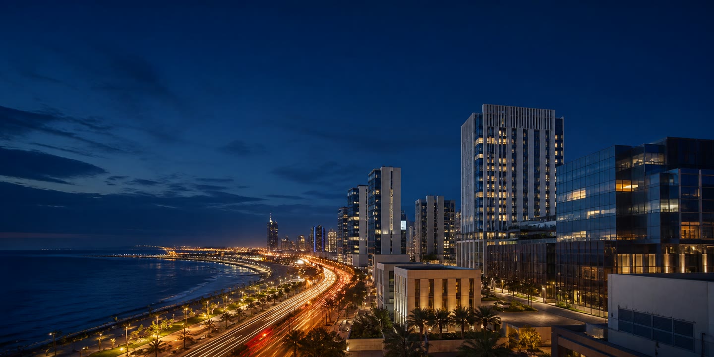 Illustrative coastal-city context inspired by Jeddah at blue hour; not documentary photography or an EIE office.