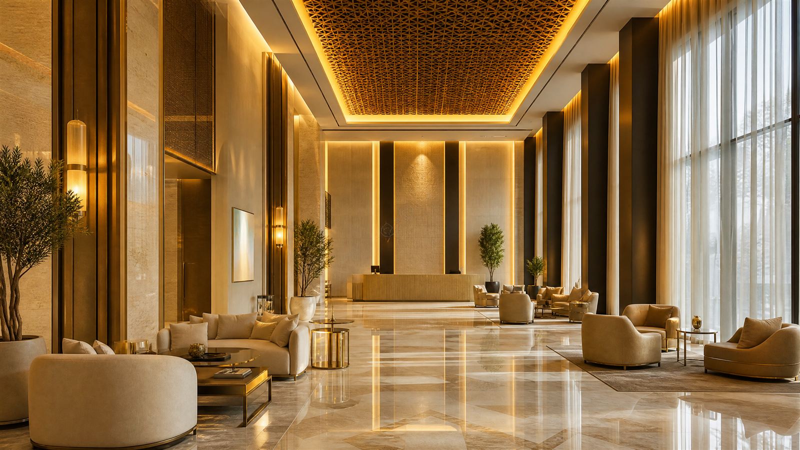 A hotel lobby in warm daylight