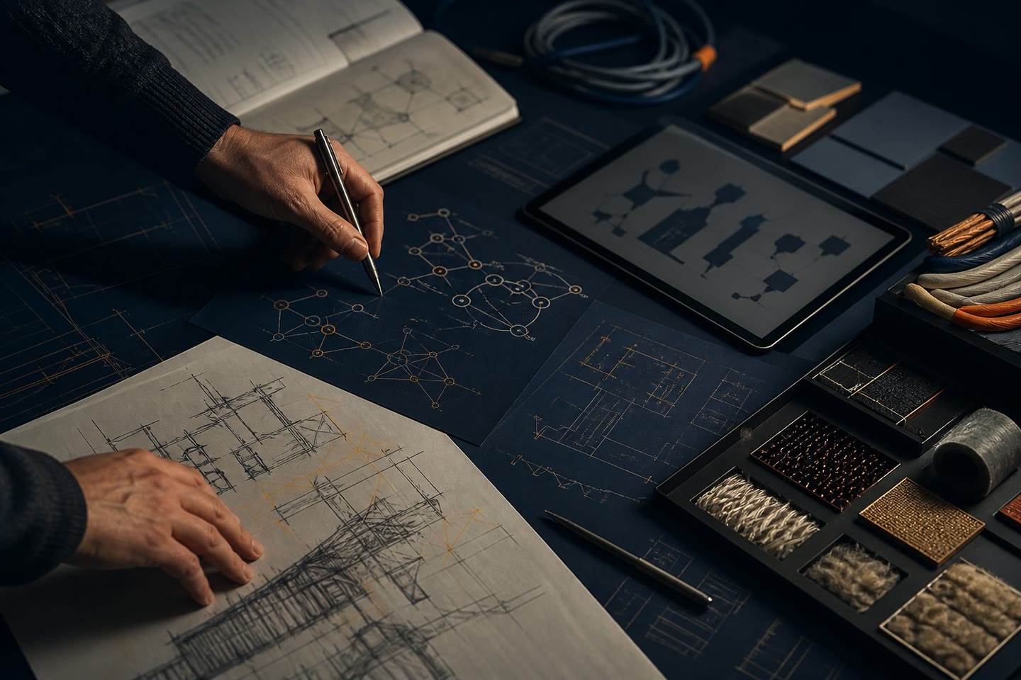 Illustrative overhead editorial workspace with systems diagrams and hands