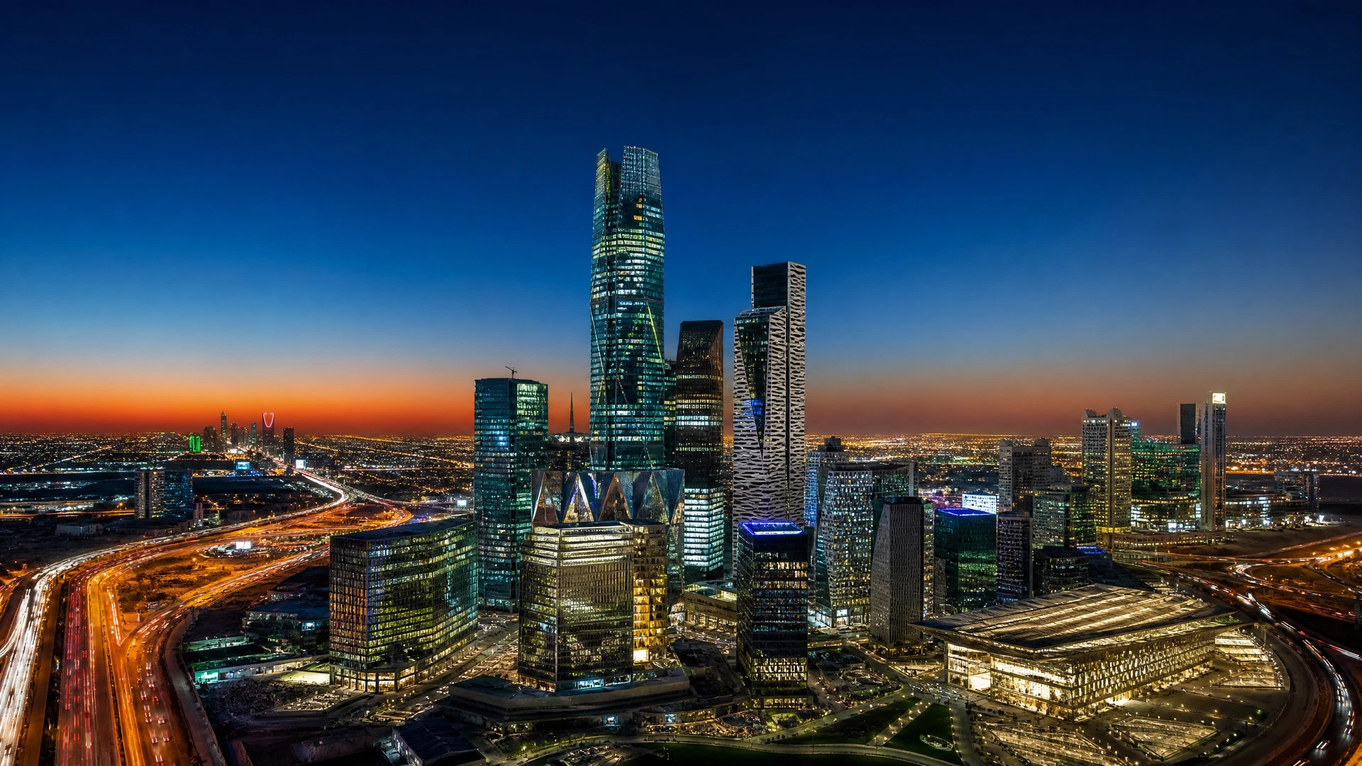 The King Abdullah Financial District skyline in Riyadh at dusk