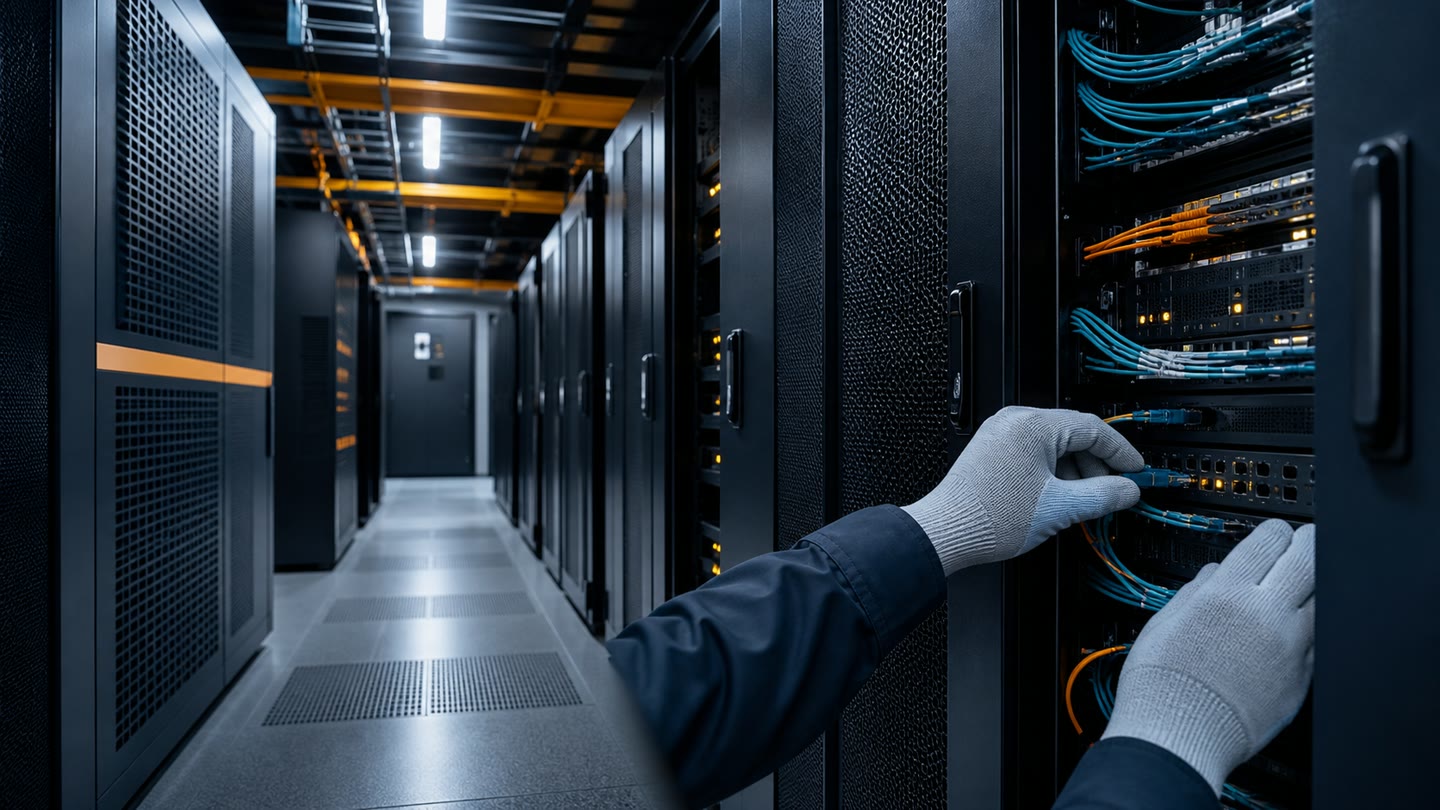 Illustrative data-center aisle with a technician connecting network equipment.