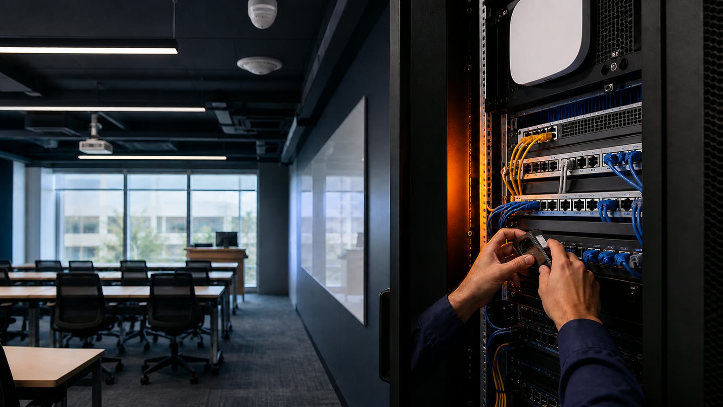 Illustrative modern learning space beside a technician configuring network infrastructure.