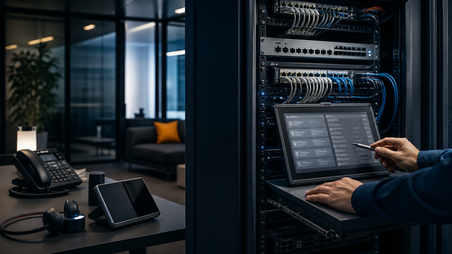 Illustrative enterprise communications equipment and network rack with a technician at a management console.