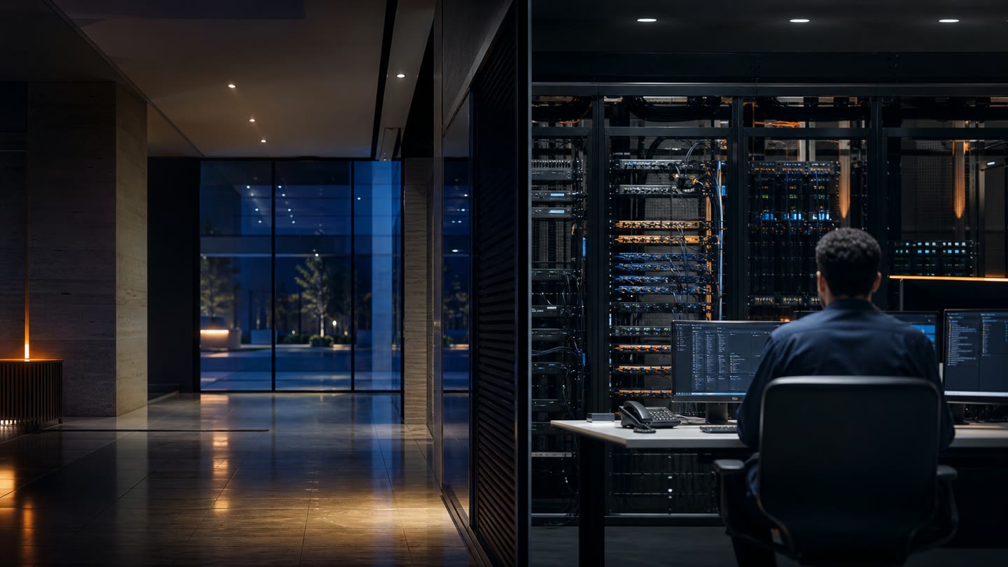Illustrative secure government facility with a technician monitoring server infrastructure.