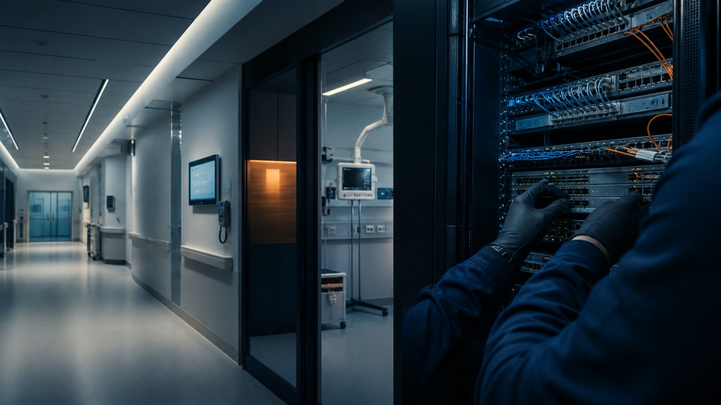 Illustrative hospital corridor beside a technician servicing secure network infrastructure.