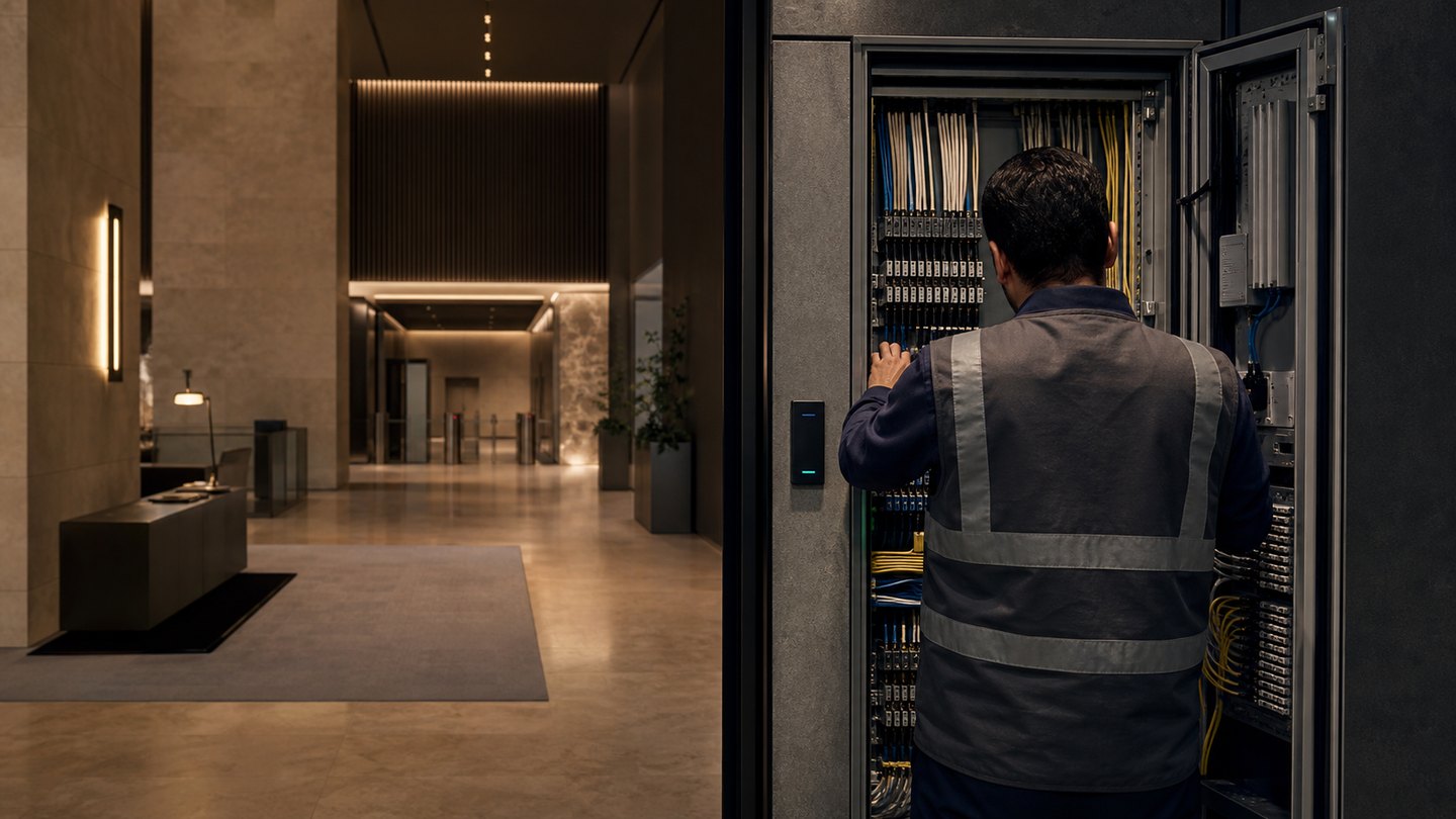 Illustrative technician servicing structured cabling beside a premium commercial-building lobby.