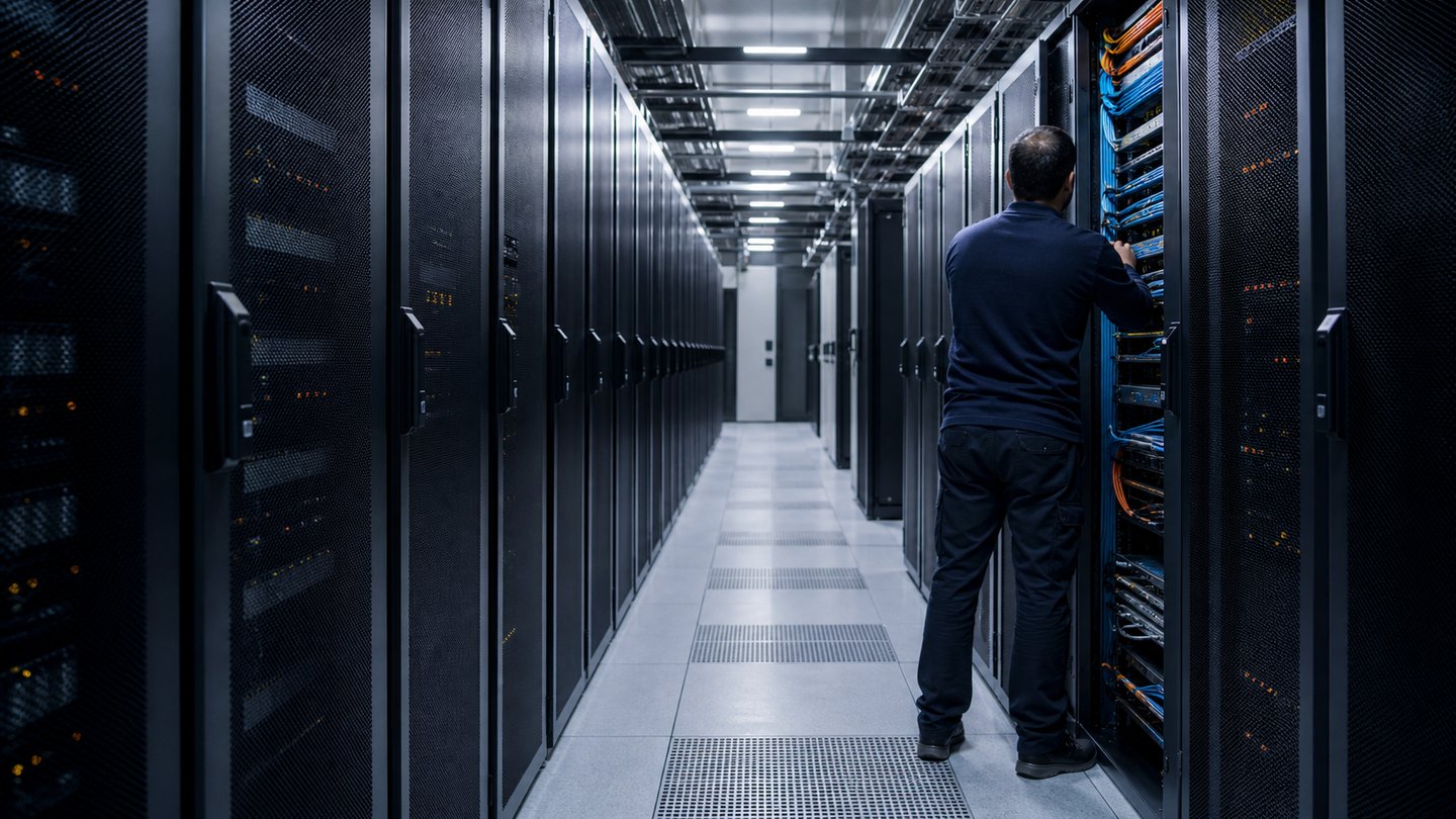 Illustrative technician maintaining network infrastructure in a modern data center.