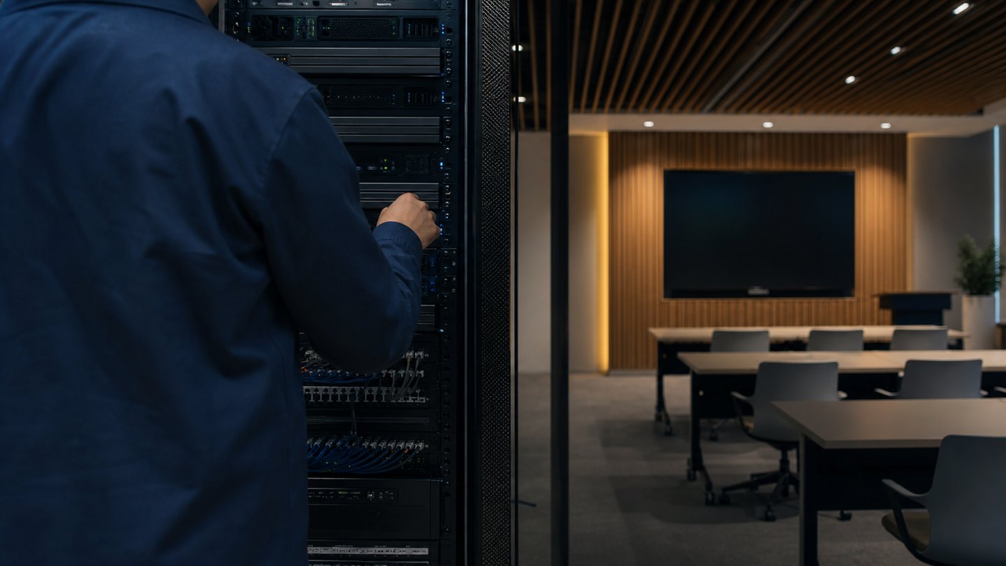 Illustrative technician configuring network equipment beside a modern learning space.