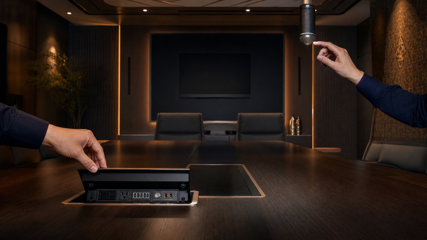 Illustrative enterprise meeting room with table connectivity and ceiling audiovisual equipment being checked.