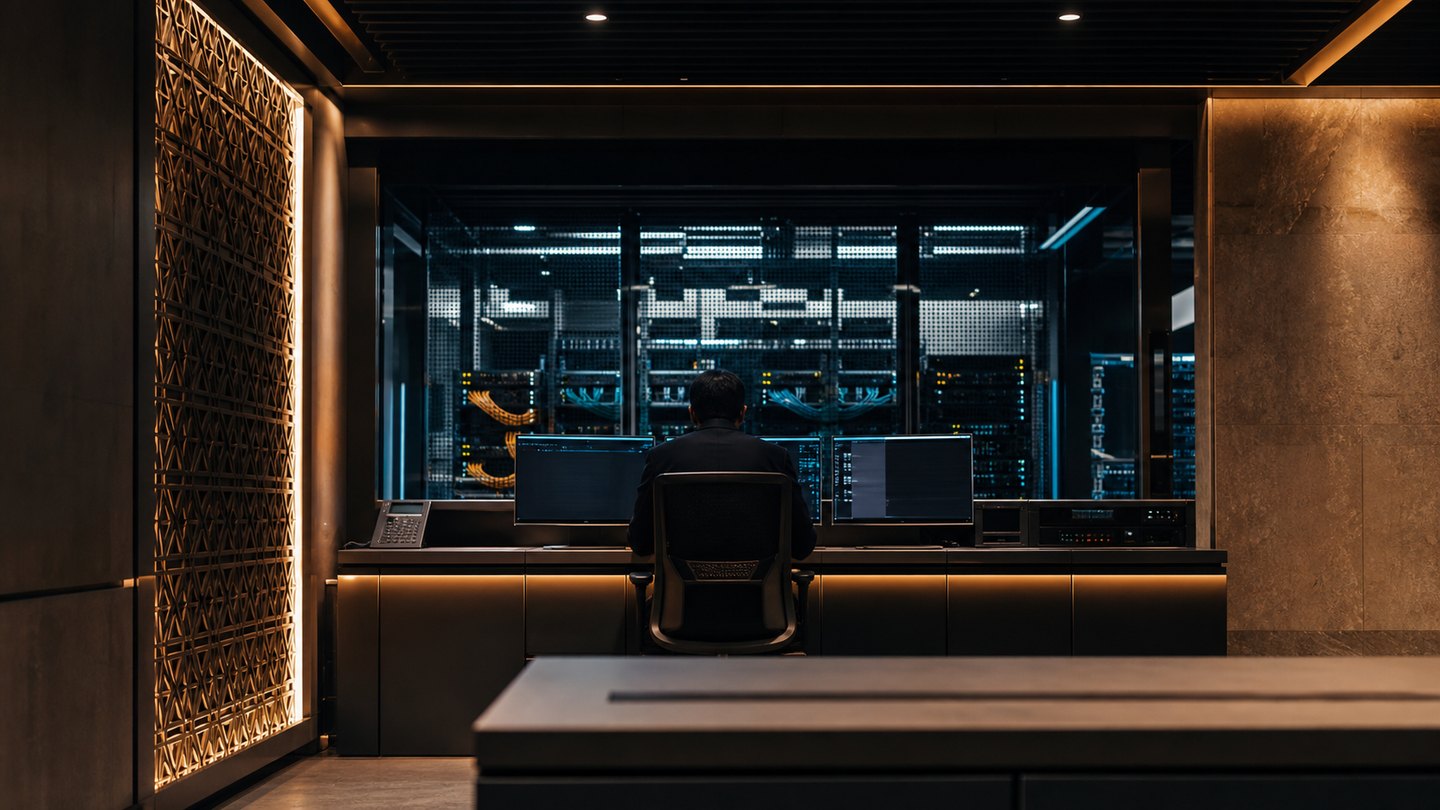 Illustrative secure technology operations room with a specialist monitoring network infrastructure.