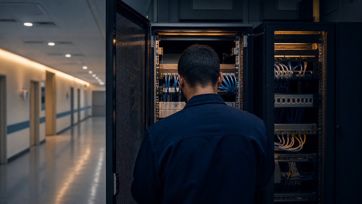 Illustrative view of a technician servicing network infrastructure beside a modern healthcare corridor.