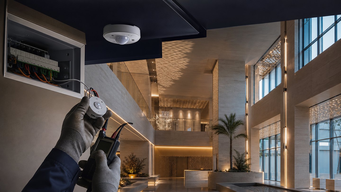 Illustrative technician testing a building sensor beside an open controls cabinet in a modern smart-building lobby.