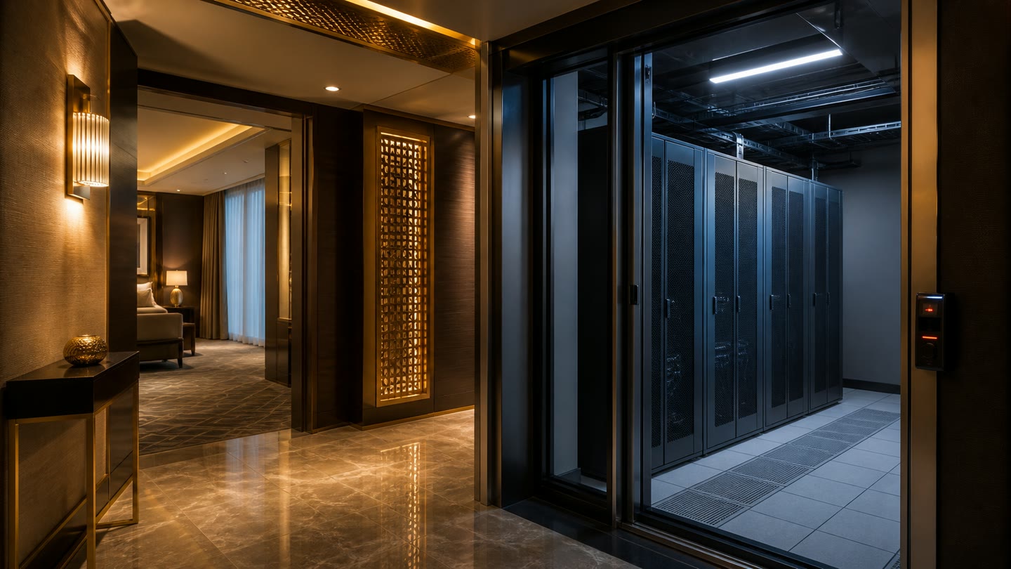 Illustrative hospitality guest environment paired with a secured back-of-house systems room.