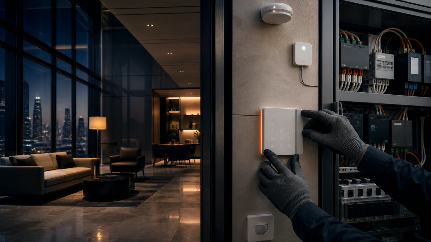 Illustrative technician configuring smart-building controls beside an automation cabinet.